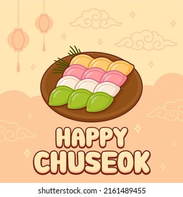 Happy Chuseok, Korean Autumn holiday, harvest festival. Cute cartoon greeting card design with Songpyeon rice cakes. Vector clip art illustration.