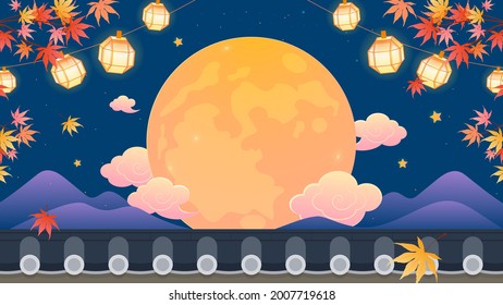 Feliz Chuseok (Festival de la Cosecha Coreana) Ilustración vectorial de fondo. Rama del árbol de arce de otoño con luna llena en el cielo nocturno