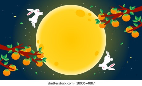 Happy Chuseok (Korean Harvest Mid Autumn Festival) Background Vector Illustration. Persimmon Branch With Full Moon 