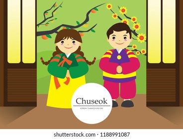 Happy chuseok, Korean thanksgiving day, korean man and woman with traditional dress, vector illustration, Can use for flyer, banner, brochure, etc. 10 eps.