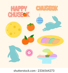 Happy Chuseok, Korean Thanksgiving Day, Lunar New Year, mid autumn festival icons including rabbit, orange, songpyeon rice cake, moon and persimmon.