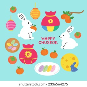 Happy Chuseok, Korean Thanksgiving Day, Lunar New Year, mid autumn festival icons including rabbit, orange, songpyeon rice cake, moon and persimmon.