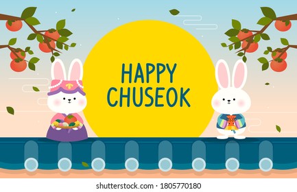 Happy Chuseok (Korean thanksgiving Festival) vector illustration. Cute rabbits in Hanbok costume on the roof