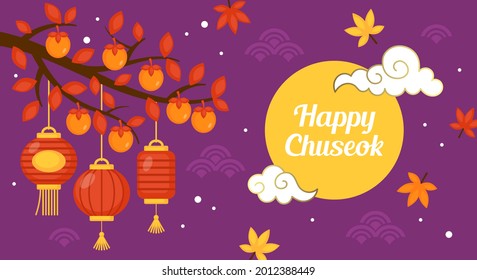 Happy Chuseok Korean thanksgiving holiday banner design. Mid Autumn and Harvest festival greeting card and poster template 