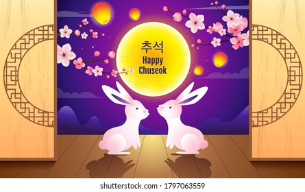 Happy Chuseok, Mid autumn festival. rabbits , Moon Festival ,vector illustration. korea translation : Chuseok