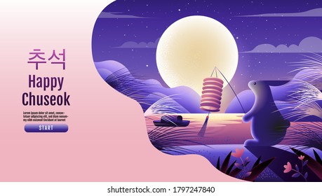 Happy Chuseok, Mid autumn festival. rabbits , Moon Festival , Thanksgiving in korea ,vector illustration. korea translation : Chuseok