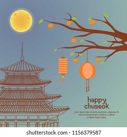 Happy Chuseok with Outline Hanok and Orange Branch With Lantern