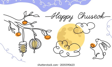 Happy Chuseok simple vector poster, banner, background with moon, rabbit, lantern, persimmon. One line drawing art illustration with lettering Happy Chuseok.