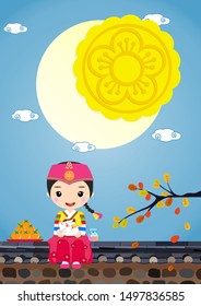 Happy Chuseok vector illustration. Full moon with A girl and mooncakes , little rabbit in Korean traditional hanbok costume.Mid-Autumn Festival vector