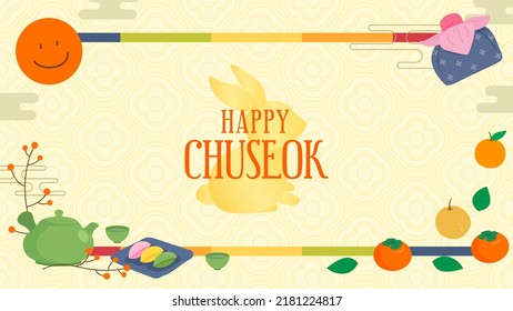 Happy Chuseok vector illustration. Tea pot, Songpyeon(rice cake) and Autumn fruits on Korean traditional pattern background