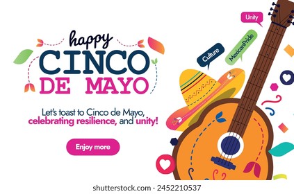 Happy Cinco de Mayo. 5. Mai Cinco de mayo Social Media Feier Banner mit buntem Text, mexikanische Gitarre und mexikanischen Hut mit Sprechblasen: mexikanischer Stolz, Einheit, Kultur. Mexikanische Fiesta