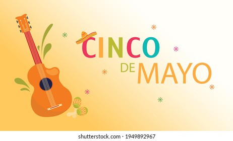 Happy Cinco de Mayo banner and background. Mexican holiday 5 May with mariachi guitar and hat vector decorations