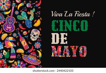 happy cinco de mayo banner with colorful Mexican ornament. Fiesta, holiday poster, party flyer, greeting card. vector illustration