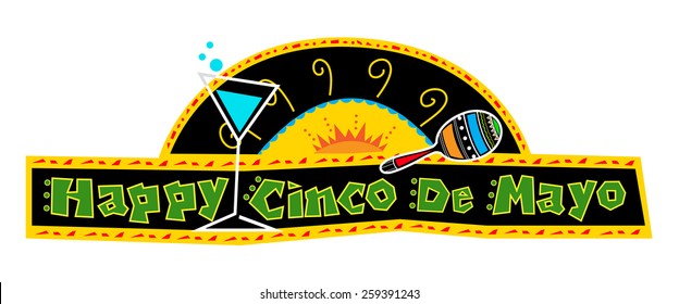 Happy Cinco de Mayo Banner - Mexican art style Cinco de Mayo banner made with bold colors includes decorative text and Mexican elements on a black background. Eps10