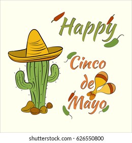 Happy Cinco De Mayo banner with cactus in sombrero, maracas and jalapeno pepper