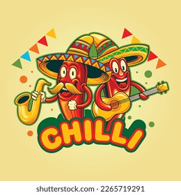 Happy cinco de mayo chilli pepper playing guitar illustrations vector illustrations for your work logo, merchandise t-shirt, stickers and label designs, poster, greeting cards advertising business 