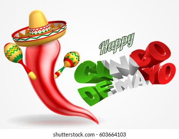 A Happy Cinco De Mayo chilli pepper cartoon character in sombrero hat holding maracas shakers 