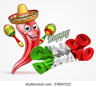 A Happy Cinco De Mayo design with red chilli pepper cartoon character in sombrero hat holding maracas shakers 