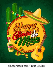 Happy Cinco de Mayo festive banner with Latin American fiesta party symbols. Festival sombrero, maracas and guitar, tequila, cactus and bunting poster. Puebla battle anniversary greeting card design