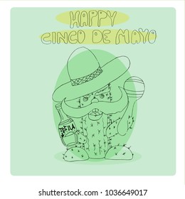 Happy Cinco de Mayo greeting card. Hand drawn vector character. Cactus in a sombrero with  bottle of tequila.