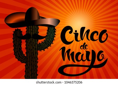 Happy Cinco de Mayo greeting card with hand drawn cactus, sombreros and lettering Cinco de Mayo! Creative vector illustration. 