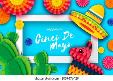 Happy Cinco de Mayo Greeting card. Colorful Paper Fan, Funny Pinata and Cactus in paper cut style. Origami Sombrero hat. Mexico, Carnival. Recangle frame on sky blue. Space for text.