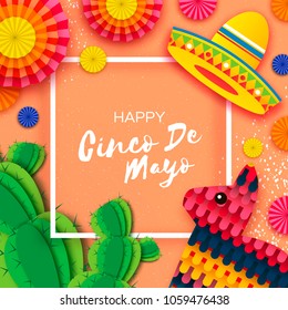 Happy Cinco de Mayo Greeting card. Colorful Paper Fan, Funny Pinata and Cactus in paper cut style. Origami Sombrero hat. Mexico, Carnival. Square frame on orange. Space for text