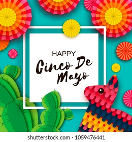 Happy Cinco de Mayo Greeting card. Colorful Paper Fan, Funny Pinata and Cactus in paper cut style. Mexico, Carnival. Square frame on blue. Space for text.