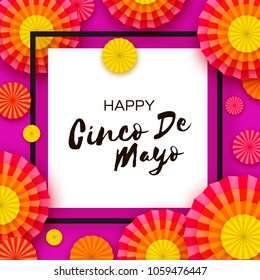 Happy Cinco de Mayo Greeting card. Colorful Paper Fan. Mexico, Carnival. Square frame on purple. Space for text.