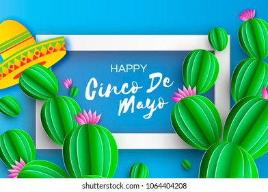 Happy Cinco de Mayo Greeting card. Sombrero hat, Cactus in paper cut style. Mexico, Carnival. Rectangle frame on sky blue. Space for text.