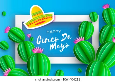 Happy Cinco de Mayo Greeting card. Sombrero hat, Cactus in paper cut style. Pink flowers. Mexico, Carnival. Rectangle frame on sky blue. Space for text.