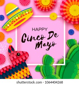 Happy Cinco de Mayo Greeting card. Colorful Paper Fan, Funny Pinata and Cactus in paper cut style. Origami Sombrero hat. Mexico, Carnival. Square frame on pink. Space for text.