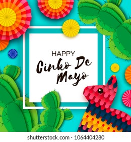 Happy Cinco de Mayo Greeting card. Colorful Paper Fan, Funny Pinata and Cactus in paper cut style. Mexico, Carnival. Square frame on blue. Space for text.