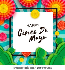 Happy Cinco de Mayo Greeting card. Colorful Orange Paper Fan and Cactus in paper cut style. Mexico, Carnival. Square frame on blue. Space for text.