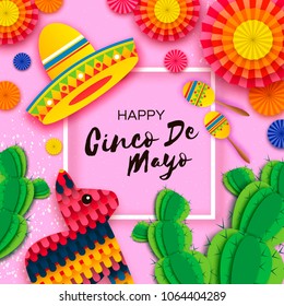 Happy Cinco de Mayo Greeting card. Colorful Paper Fan, Funny Pinata, Maraca and Cactus in paper cut style. Origami Sombrero hat. Mexico, Carnival. Square frame on pink. Space for text.