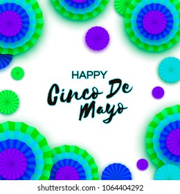 Happy Cinco de Mayo Greeting card. Colorful Neon Paper Fan. Mexico, Carnival in paper cut style. Holidays.