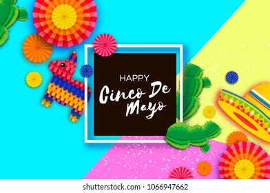 Happy Cinco de Mayo Greeting card. Colorful Paper Fan, Funny Pinata and Cactus in paper cut style. Origami Sombrero hat. Mexico, Carnival. Square black frame. Space for text. Vector.