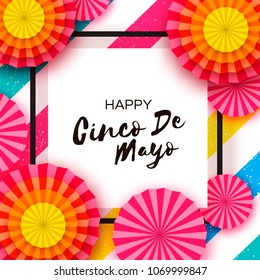 Happy Cinco de Mayo Greeting card. Orange Paper Fan. Mexico, Carnival. Square frame on colorful stripes. Space for text. Vector