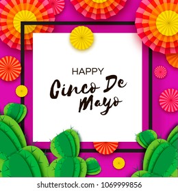 Happy Cinco de Mayo Greeting card. Colorful Orange Paper Fan and Cactus in paper cut style. Mexico, Carnival. Square frame on purple. Space for text. Vector