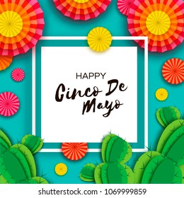 Happy Cinco de Mayo Greeting card. Colorful Orange Paper Fan and Cactus in paper cut style. Mexico, Carnival. Square frame on blue. Space for text. Vector