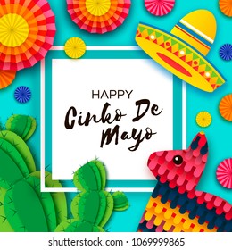 Happy Cinco de Mayo Greeting card. Colorful Paper Fan, Funny Pinata and Cactus in paper cut style. Origami Sombrero hat. Mexico, Carnival. Square frame on blue. Space for text. Vector.