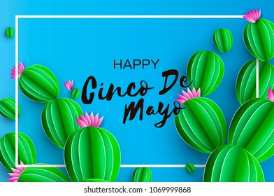 Happy Cinco de Mayo Greeting card. Pink Paper Flower and Cactus in paper cut style. Mexico, Carnival. Rectangle frame on sky blue. Space for text. Vector