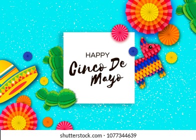 Feliz Cinco de Mayo. Ventilador de papel colorido, divertida pinata y cactus en estilo corte de papel. Sombrero de origami. México, Carnaval. Marco cuadrado en azul cielo.