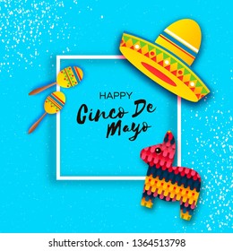 Happy Cinco de Mayo Greeting card. Maraca, Cactus in paper cut style. Sombrero hat. Mexico, Carnival. Square frame. Space for text. Blue. Vector.