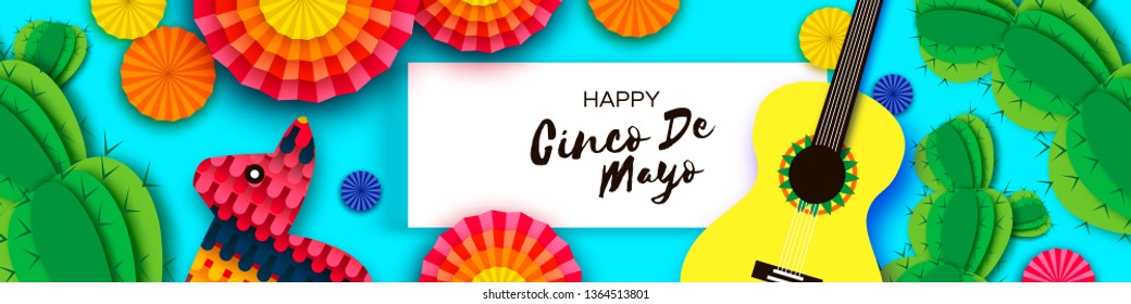 Happy Cinco de Mayo Greeting card. Paper Fan, Guitar, Pinata, Cactus in paper cut style. Origami Mexico, Carnival. Rectangle frame on sky blue. Space for text. Banner. Vector