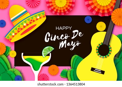 Happy Cinco de Mayo Greeting card. Colorful Paper Fan, Margarita Cocktail, Cactus in paper cut style. Origami Sombrero hat. Mexico, Carnival. Black Rectangle frame on pink. Space for text. Vector