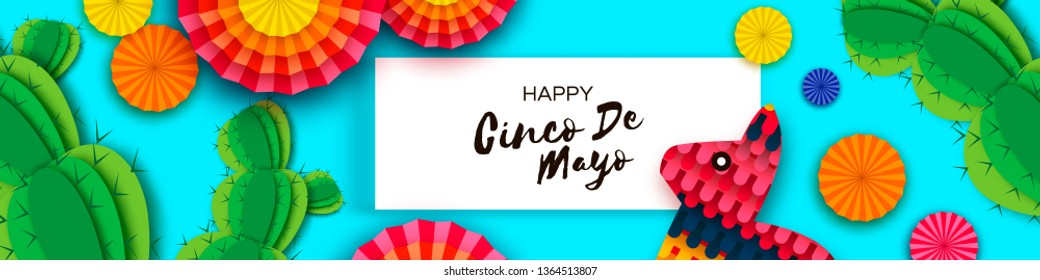 Happy Cinco de Mayo Greeting card. Paper Fan, Guitar, Pinata, Cactus in paper cut style. Origami Mexico, Carnival. Rectangle frame on sky blue. Space for text. Banner. Vector