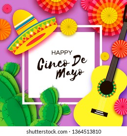 Happy Cinco de Mayo Greeting card. Paper Fan, Cactus in paper cut style. Sombrero hat. Mexico, Carnival. Square frame. Space for text. Purple. Vector.