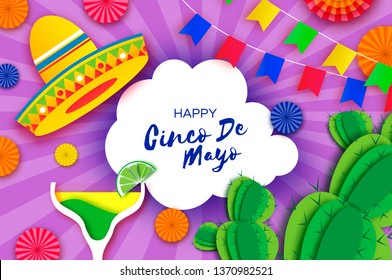 Happy Cinco de Mayo Greeting card. Paper Fan, Funny Pinata, Cocktail Margarita, Cactus in paper cut style. Origami Sombrero hat. Mexico, Carnival. Cloud frame on purple. Space for text. Vector