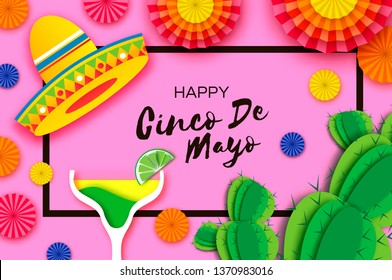 Happy Cinco de Mayo Greeting card. Paper Fan, Funny Pinata, Cocktail Margarita, Cactus in paper cut style. Origami Sombrero hat. Mexico, Carnival. Cloud frame on purple. Space for text. Vector